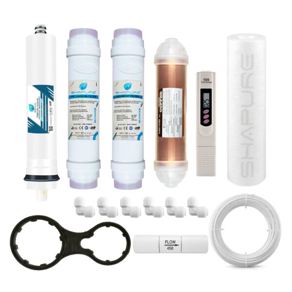 Shapure RO Service Kit for Aqua 2090 | Complete Water Purifier Filter Set with Membrane Carbon Sediment Copper Spun Filters TDS Meter FR-450 Pipes & Connectors